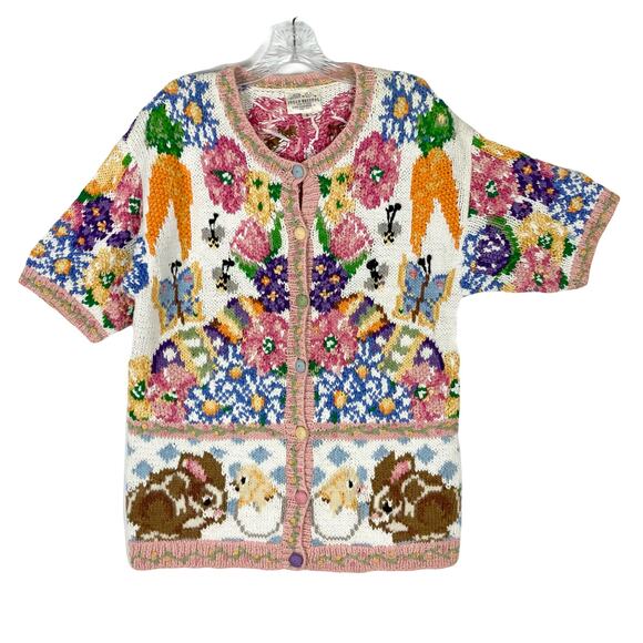 NWOT VINTAGE SUSAN BRISTOL Cardigan S Easter-BunnyEgg-Basket Floral Chunky-Knit - Picture 1 of 15